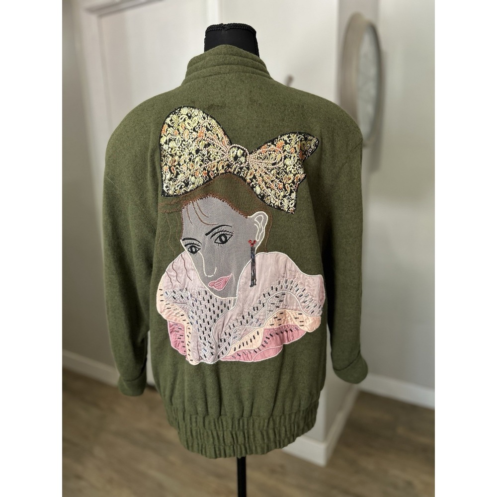 Boho Funky Whimsy Jacket Green Knit Large Embroidered Woman Pink Accents Sz 9